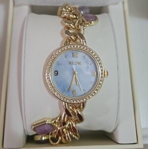 Armitron Gold-Tone Watch with Light Blue Dial and Crystal Bezel